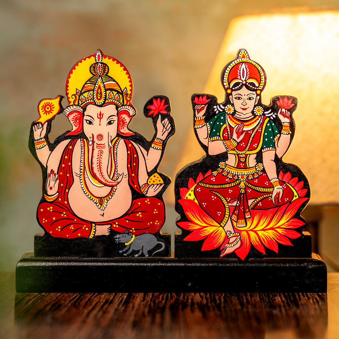 COSHAL Laxmi Ganesh Set Idol Showpiece, Wooden Hand Painted Plated Lakshmi Ganesha Idols for Diwali Gifts Puja, Set 1