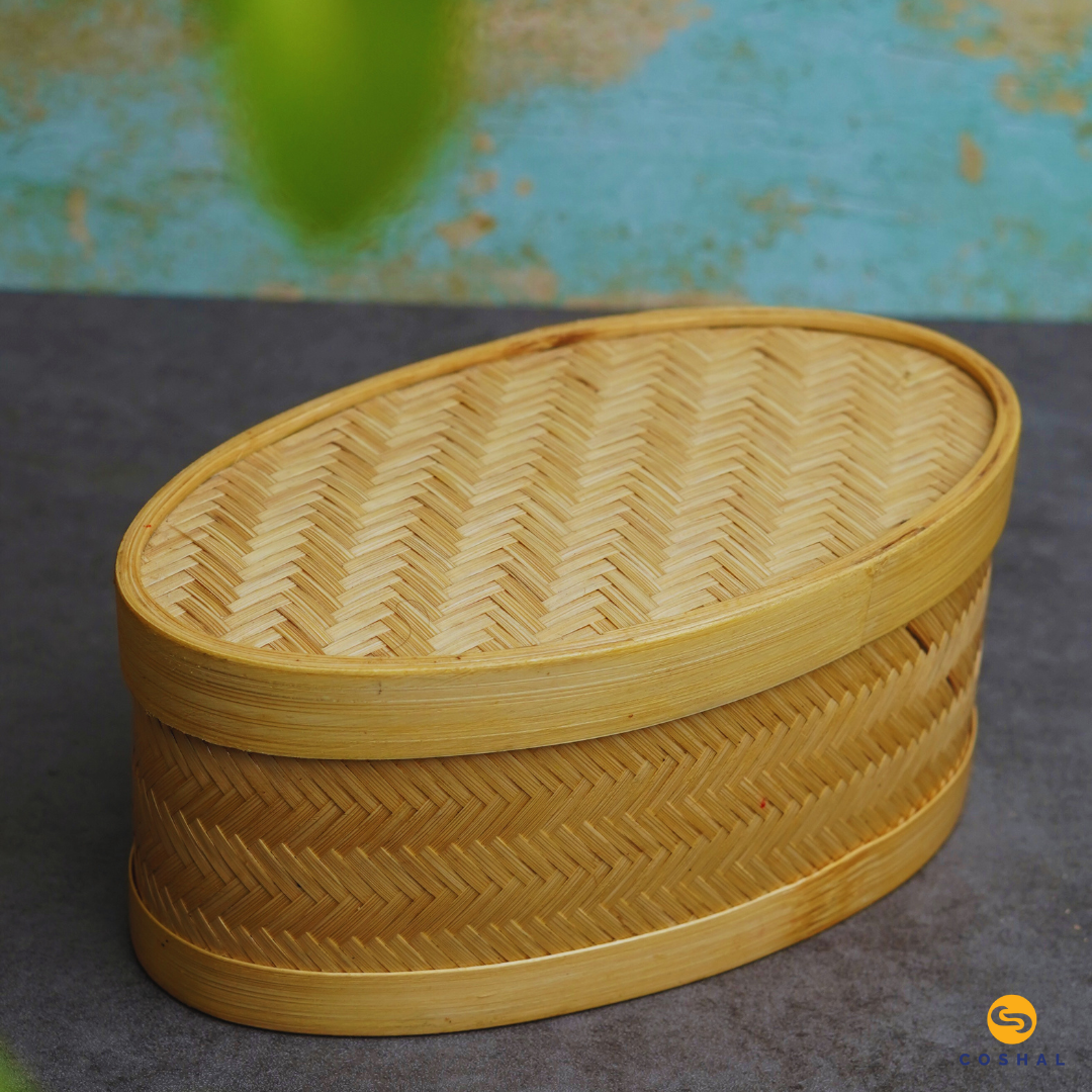 Coshal Art | Bamboo Natural Hand Made | Oval Box Set | Beige | Pack of 3 Boxes | C02HD04012
