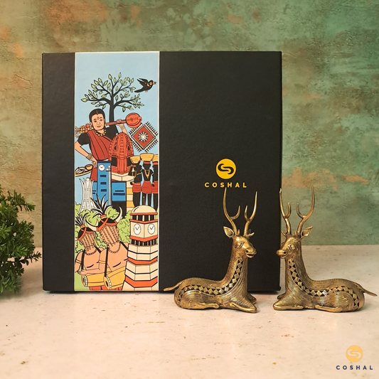 Dhokra Brass Resting, Sitting Deer Pair for Home & Office Decor | Best kept as vastu showpeice | Coshal | CD03