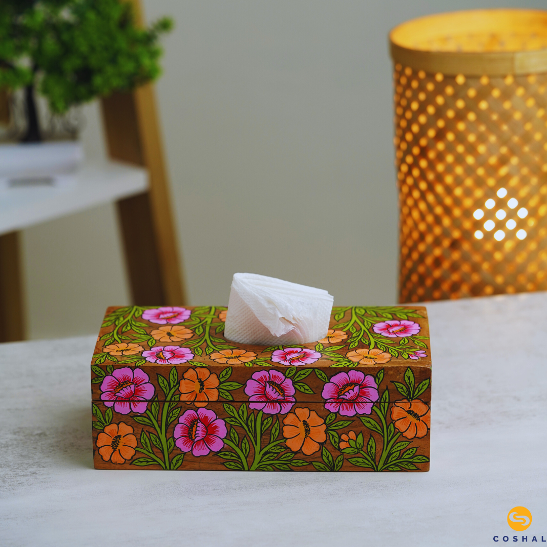 Tissue box 9inches with flower design | Pattachitra | Best for table decor | Coshal | OD22