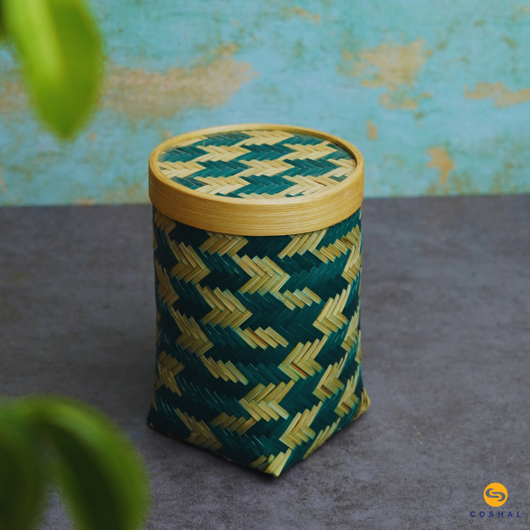 Coshal Art | Bamboo Natural Hand Made | Four Edge Box Set Art | Beige and Green | Pack of 3 Boxes | C02HD04003