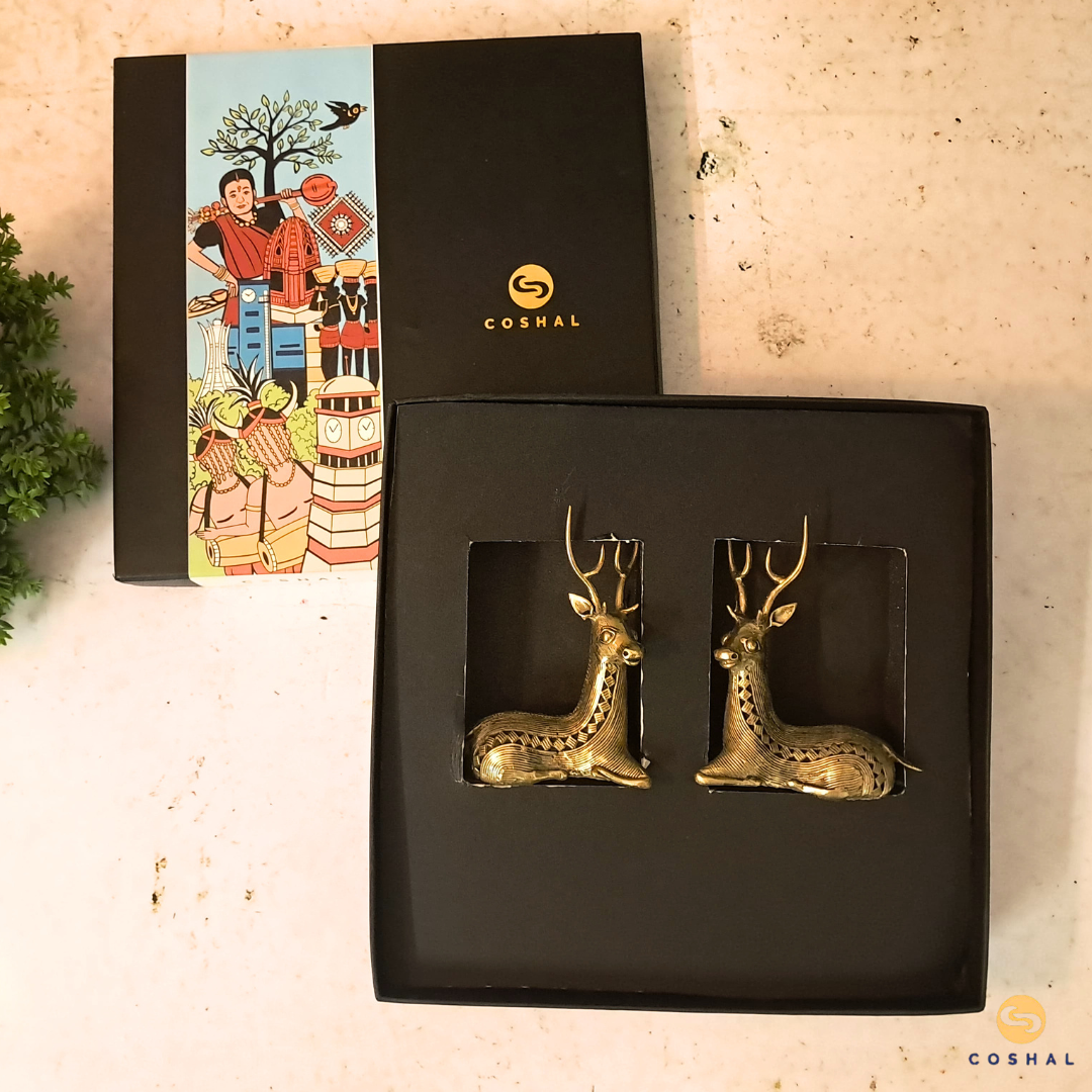 Dhokra Brass Resting, Sitting Deer Pair for Home & Office Decor | Best kept as vastu showpeice | Coshal | CD03