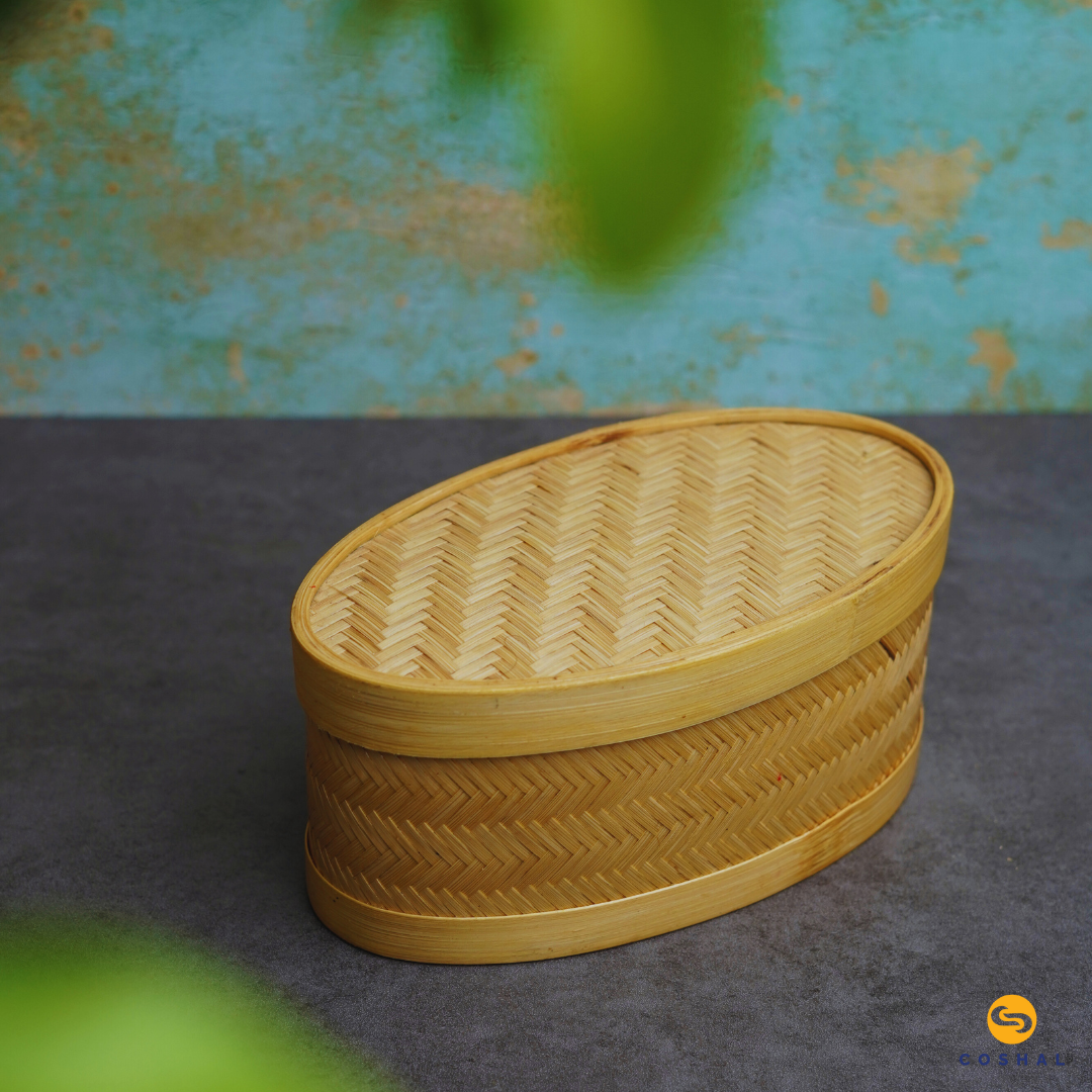 Coshal Art | Bamboo Natural Hand Made | Oval Box Set | Beige | Pack of 3 Boxes | C02HD04012