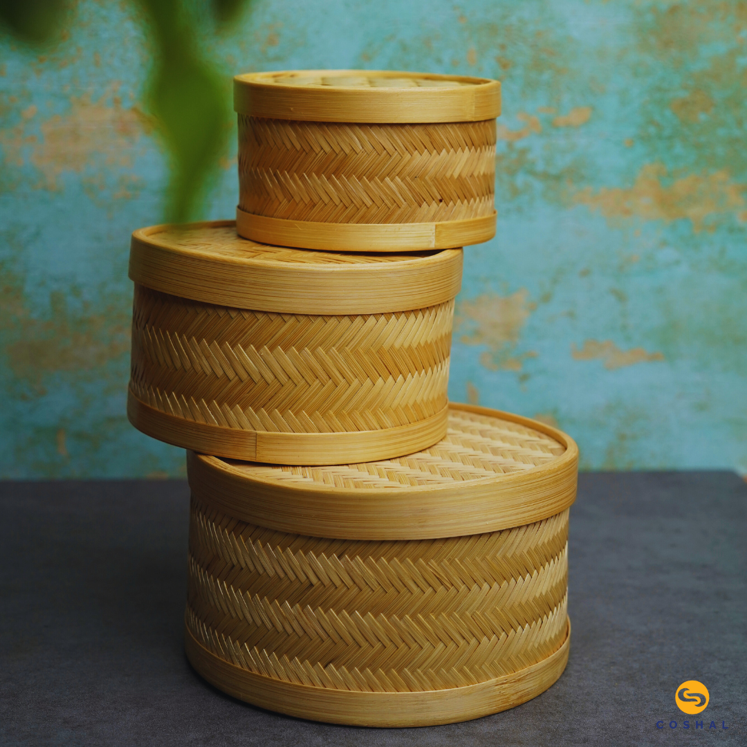 Coshal Art | Bamboo Natural Hand Made | Triangular Box Set | Beige | Pack of 3 Boxes | C02HD04010
