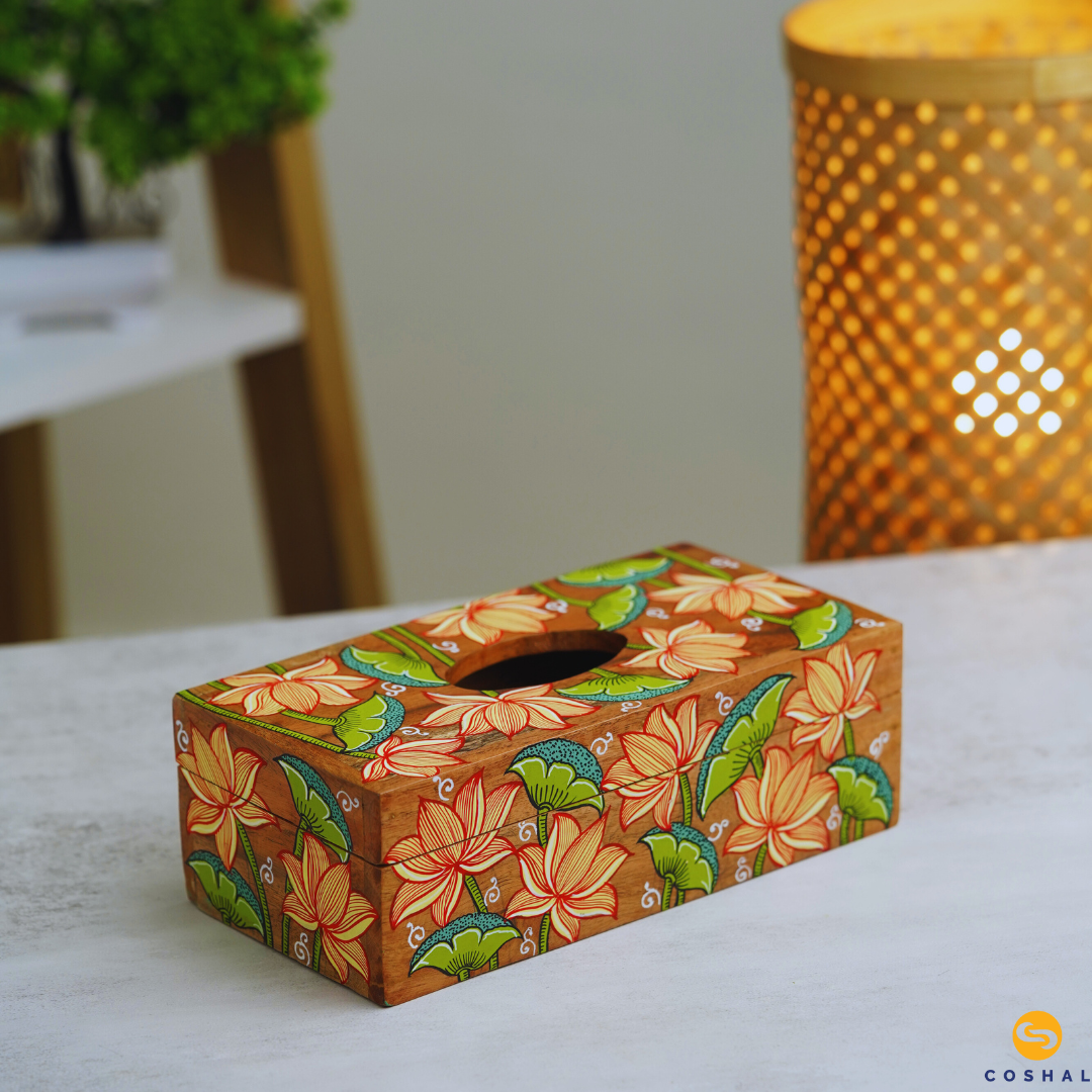 Tissue box 9inches with flower design | Pattachitra | Best for table decor | Coshal | OD22