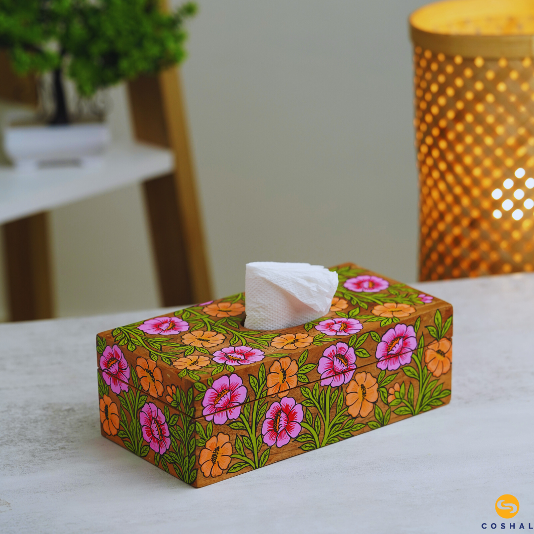 Tissue box 9inches with flower design | Pattachitra | Best for table decor | Coshal | OD22