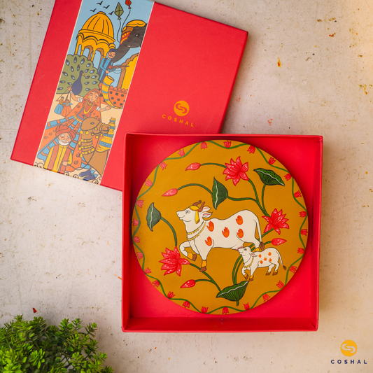 Nandi Pichwai Hand-Painted Wall Plate | Artistic Wall Decor for Home and Office Art from Rajasthan | Coshal | S16