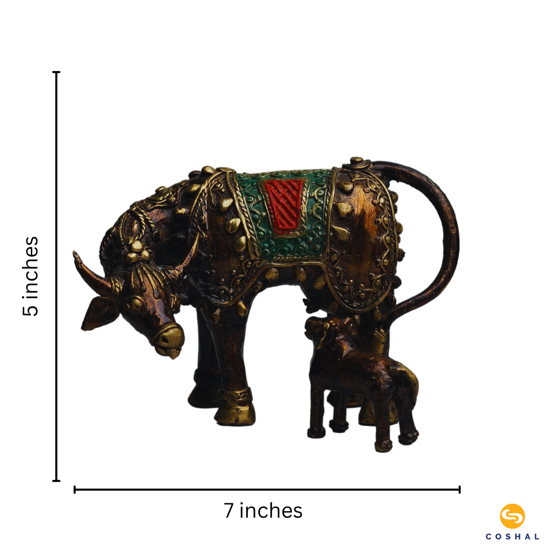 Brass Kamdhenu Cow and Calf Statue | Bastar Dhokra Art | Room Decor | Coshal | CD66 7