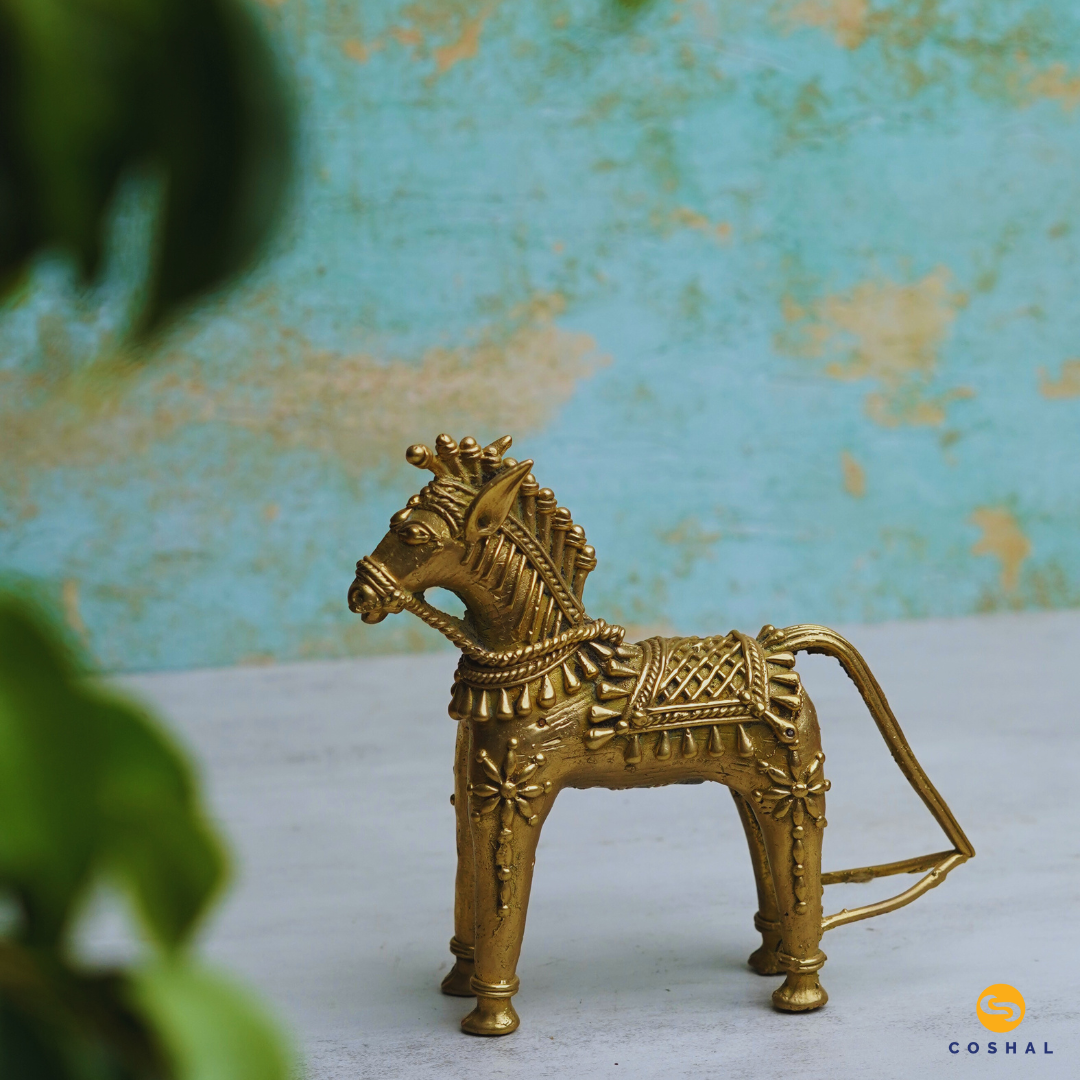 Handmade Golden Brass Standing Horse Statue | Bell Metal art statue | Room Decor | Coshal |CD70 1