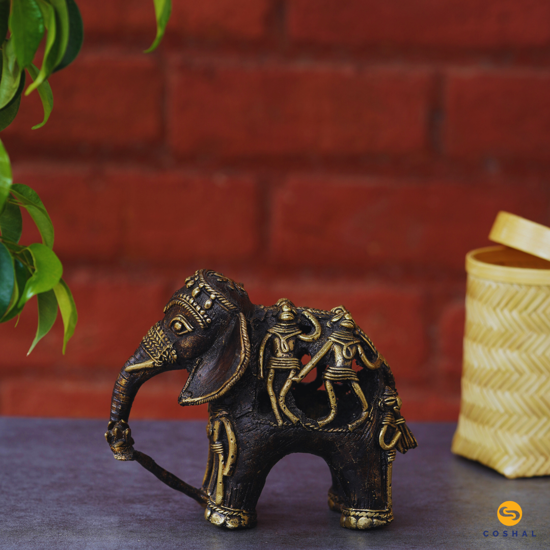 Handmade Indian Brass Elephant | Decorative Brass Showpiece | Bastar Dhokra Art | Coshal | CD52 2