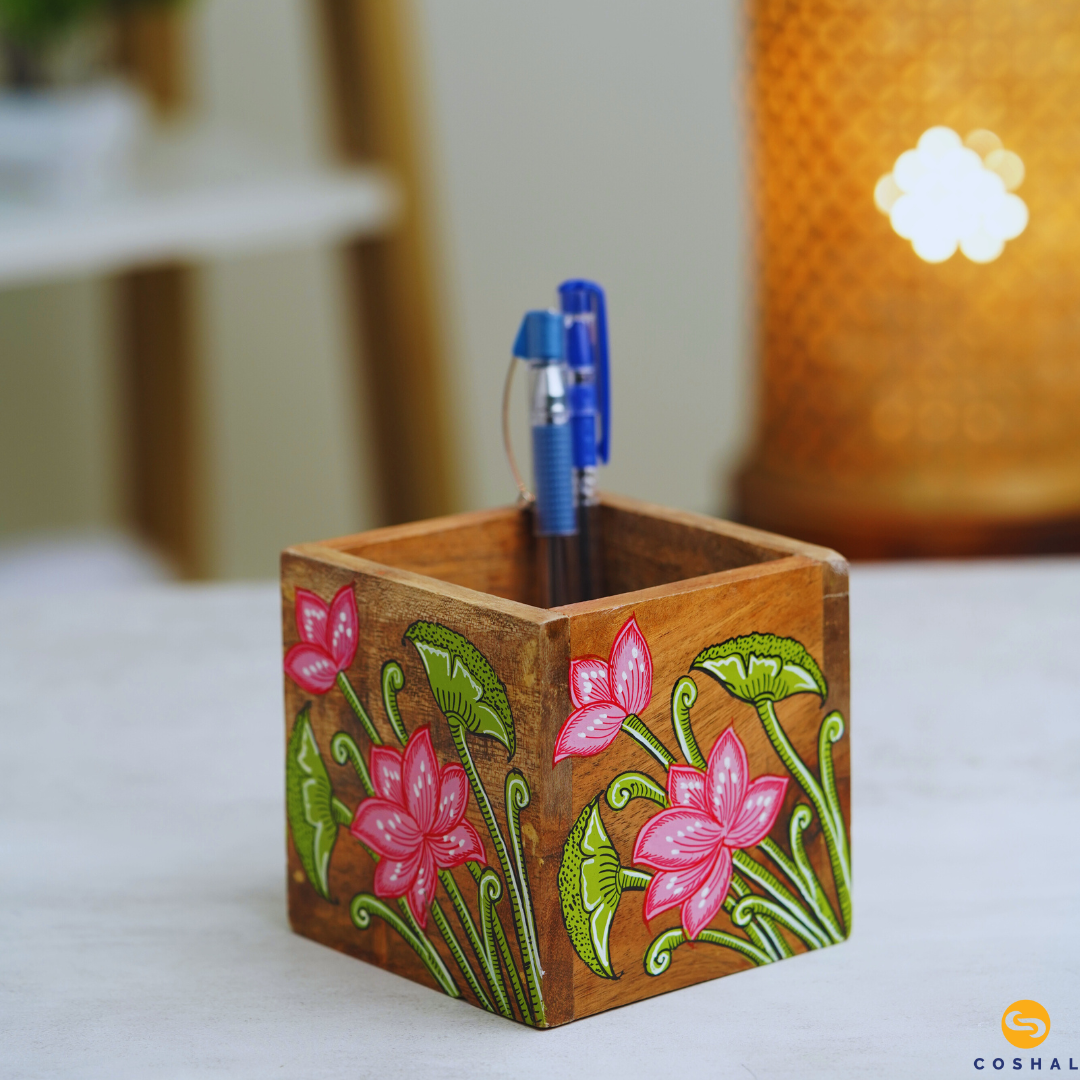 Handpainted Flower Penstand | Pattachitra Pink-Green | Best for table decor | Coshal | OD17 3