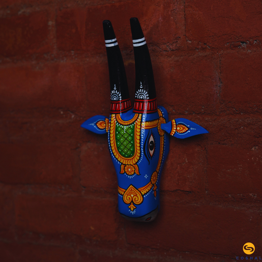 Handpainted Wooden Cowhead Blue 11 inches | Pattachitra Art | Best for wall decor | Coshal | OD02 1