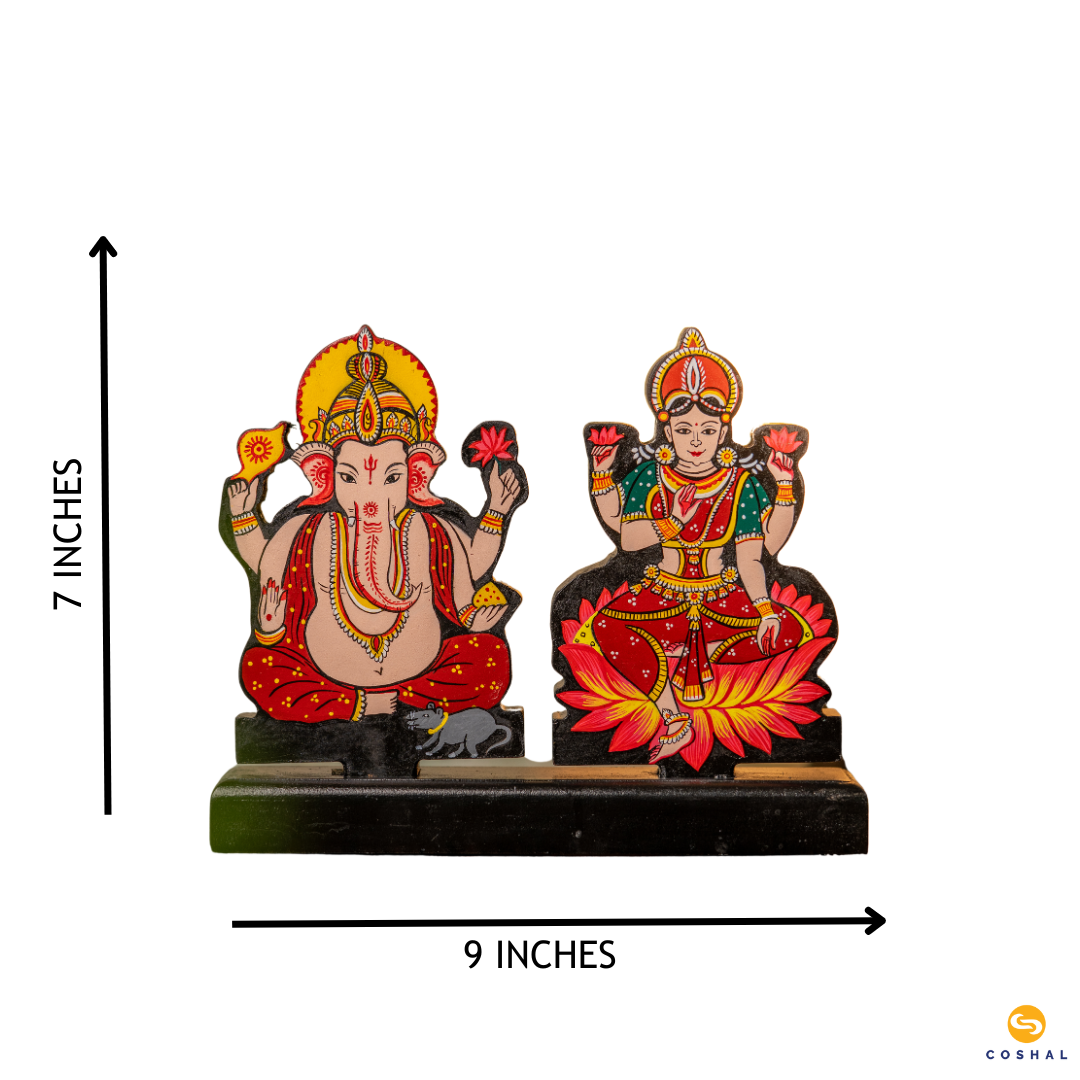 COSHAL Laxmi Ganesh Set Idol Showpiece, Wooden Hand Painted Plated Lakshmi Ganesha Idols for Diwali Gifts Puja, Set 1