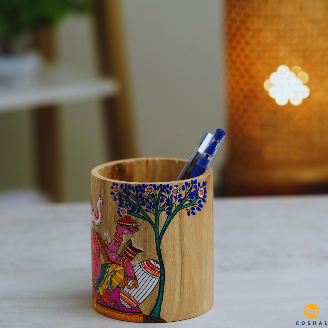 Round Lord Ganesha Penstand | Handpainted Traditional Pattachitra Art | Study Table Decor | Coshal | OD63 2