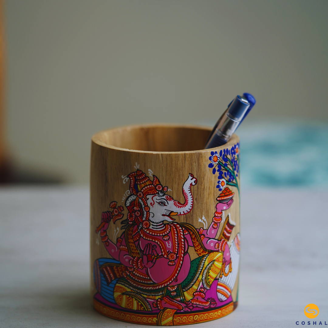 Round Lord Ganesha Penstand | Handpainted Traditional Pattachitra Art | Study Table Decor | Coshal | OD63 3