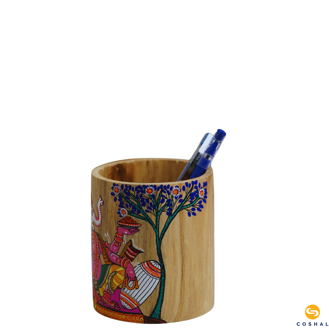 Round Lord Ganesha Penstand | Handpainted Traditional Pattachitra Art | Study Table Decor | Coshal | OD63 5