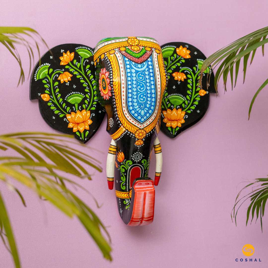 Wooden Handpainted Pattachitra Elephant Head | Coshal | OD82 3