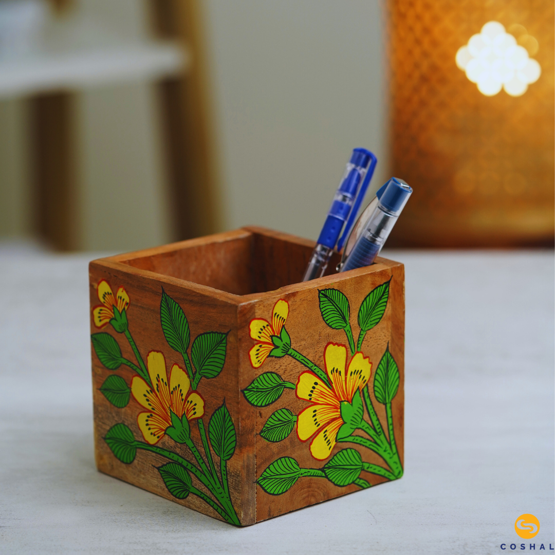 Wooden Handpainted Pattachitra Yellow- Green Penstand | Best for Home and office | Coshal | OD18 1