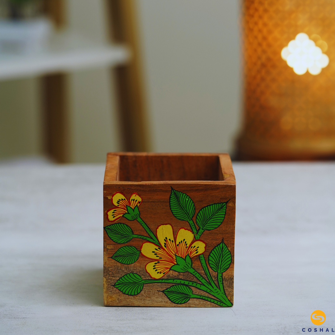 Wooden Handpainted Pattachitra Yellow- Green Penstand | Best for Home and office | Coshal | OD18 2