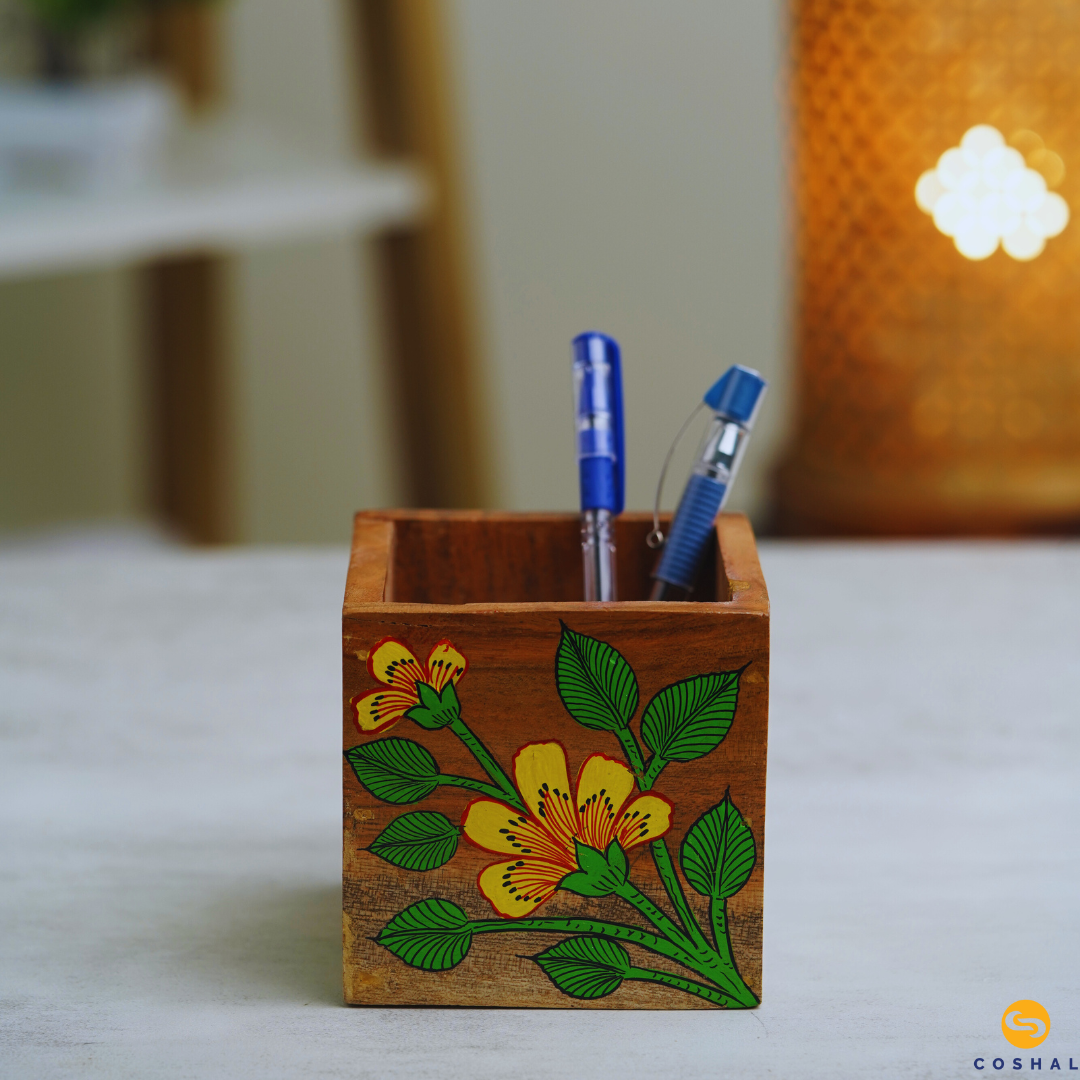 Wooden Handpainted Pattachitra Yellow- Green Penstand | Best for Home and office | Coshal | OD18 3