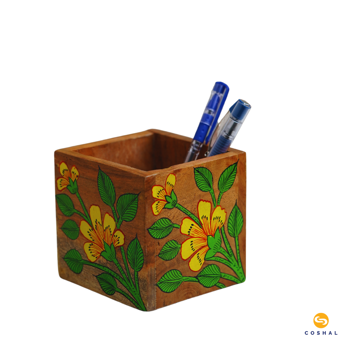 Wooden Handpainted Pattachitra Yellow- Green Penstand | Best for Home and office | Coshal | OD18 4