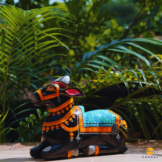 Wooden Pattachitra Nandi Idol Statue | Art Of Odisha | Vastu Room Decor | Coshal | OD76 1