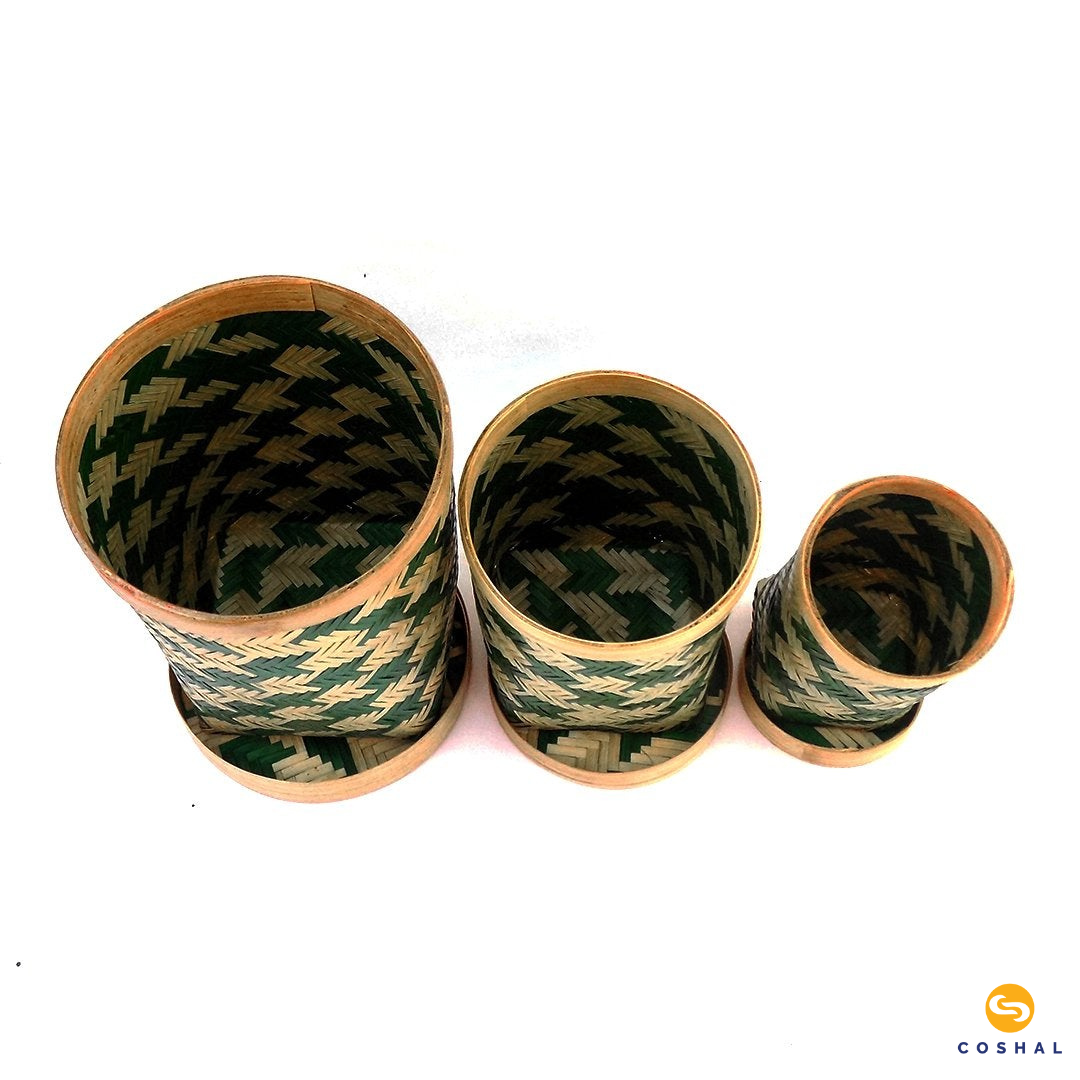 Coshal Art | Bamboo Natural Hand Made | Four Edge Box Set Art | Beige and Green | Pack of 3 Boxes | C02HD04003