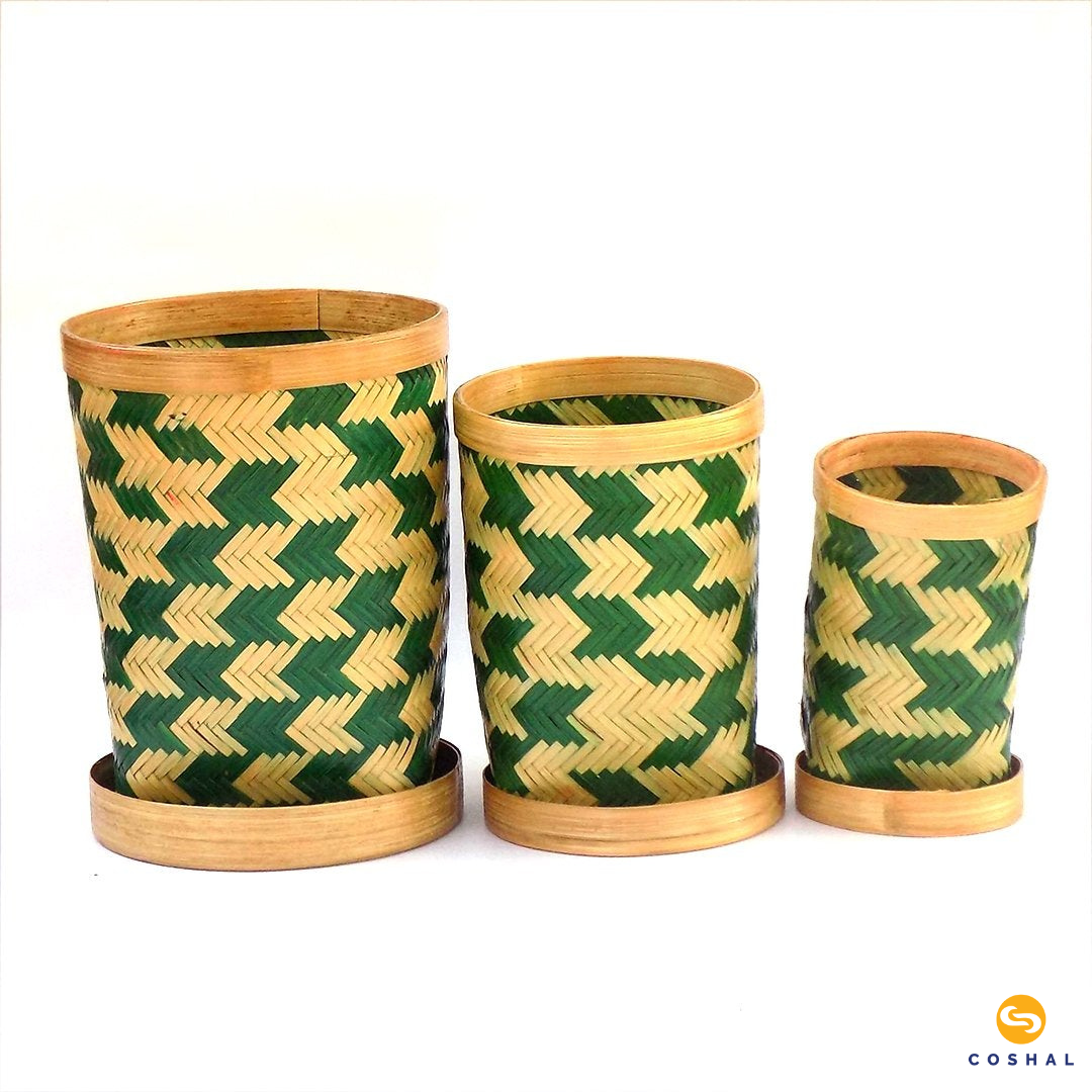 Coshal Art | Bamboo Natural Hand Made | Four Edge Box Set Art | Beige and Green | Pack of 3 Boxes | C02HD04003