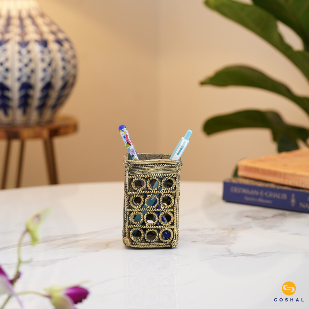 Dhokra Art Brass Pen Stand | Ring Shaped Design | Best for Homes and Offices | Coshal | CD08 2