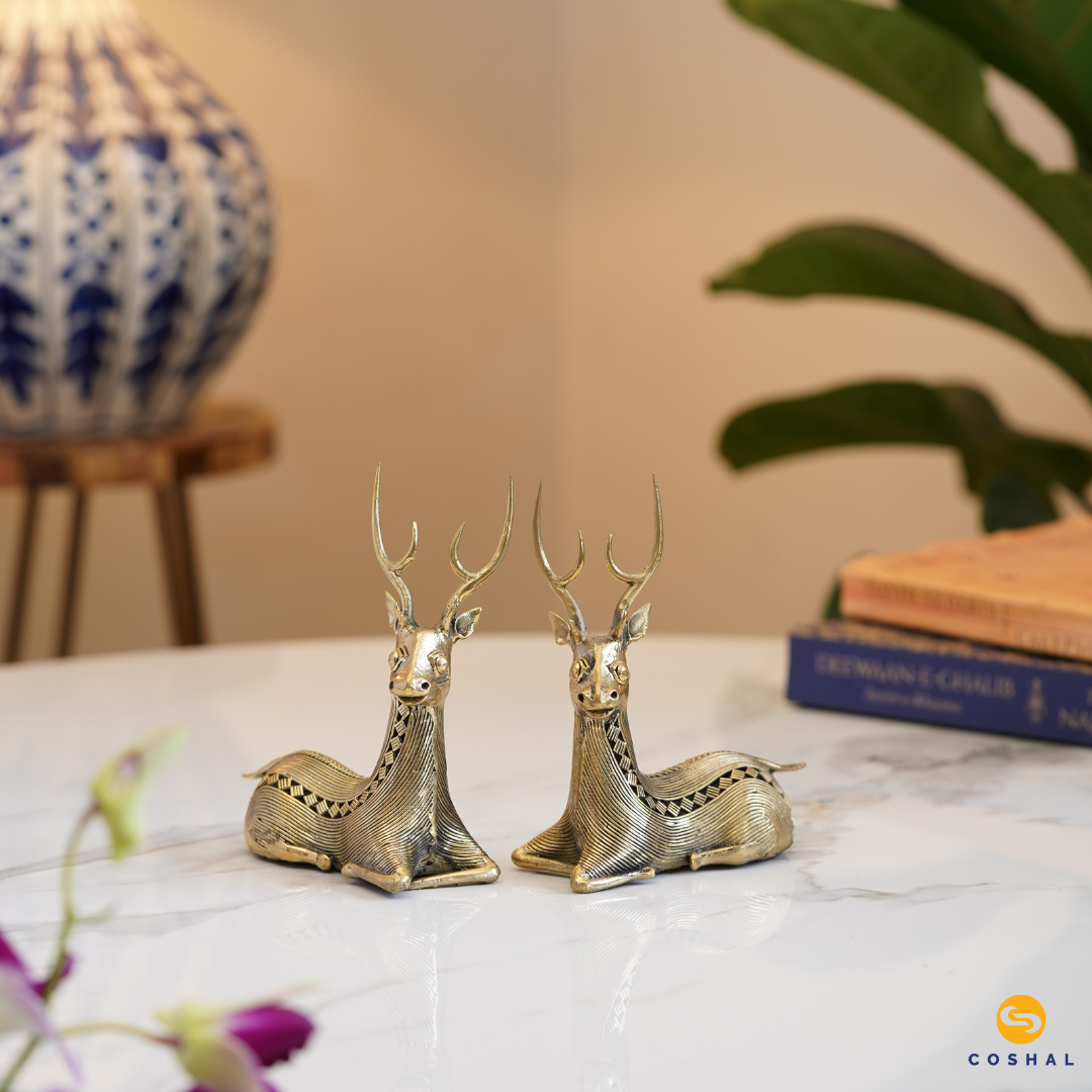 Dhokra Brass Resting, Sitting Deer Pair for Home & Office Decor | Best kept as vastu showpeice | Coshal | CD03 3