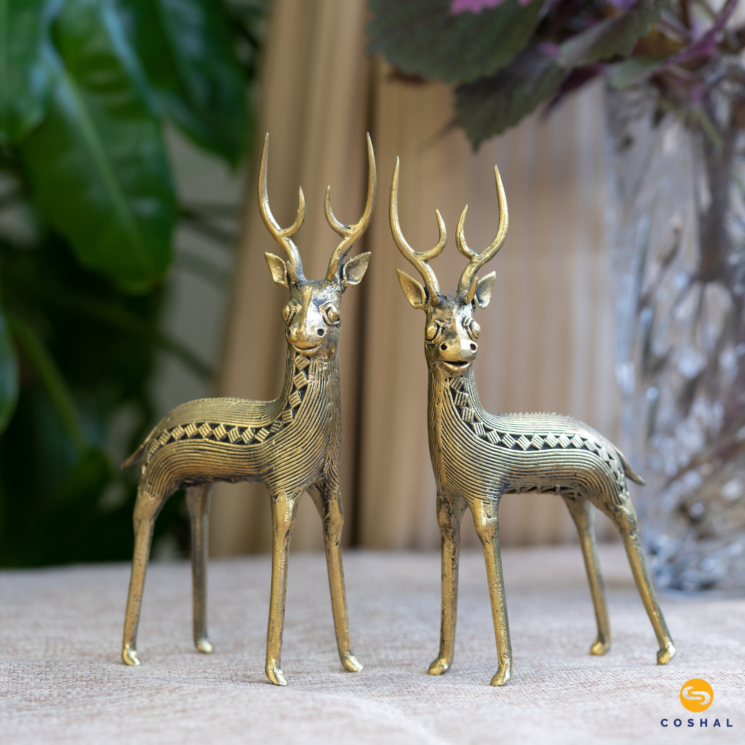 Coshal Brass Deer Statue Pair Standing, Dhokra Brass Decor, Vastu, Antique Gold, Pack of 2 - Coshal 1