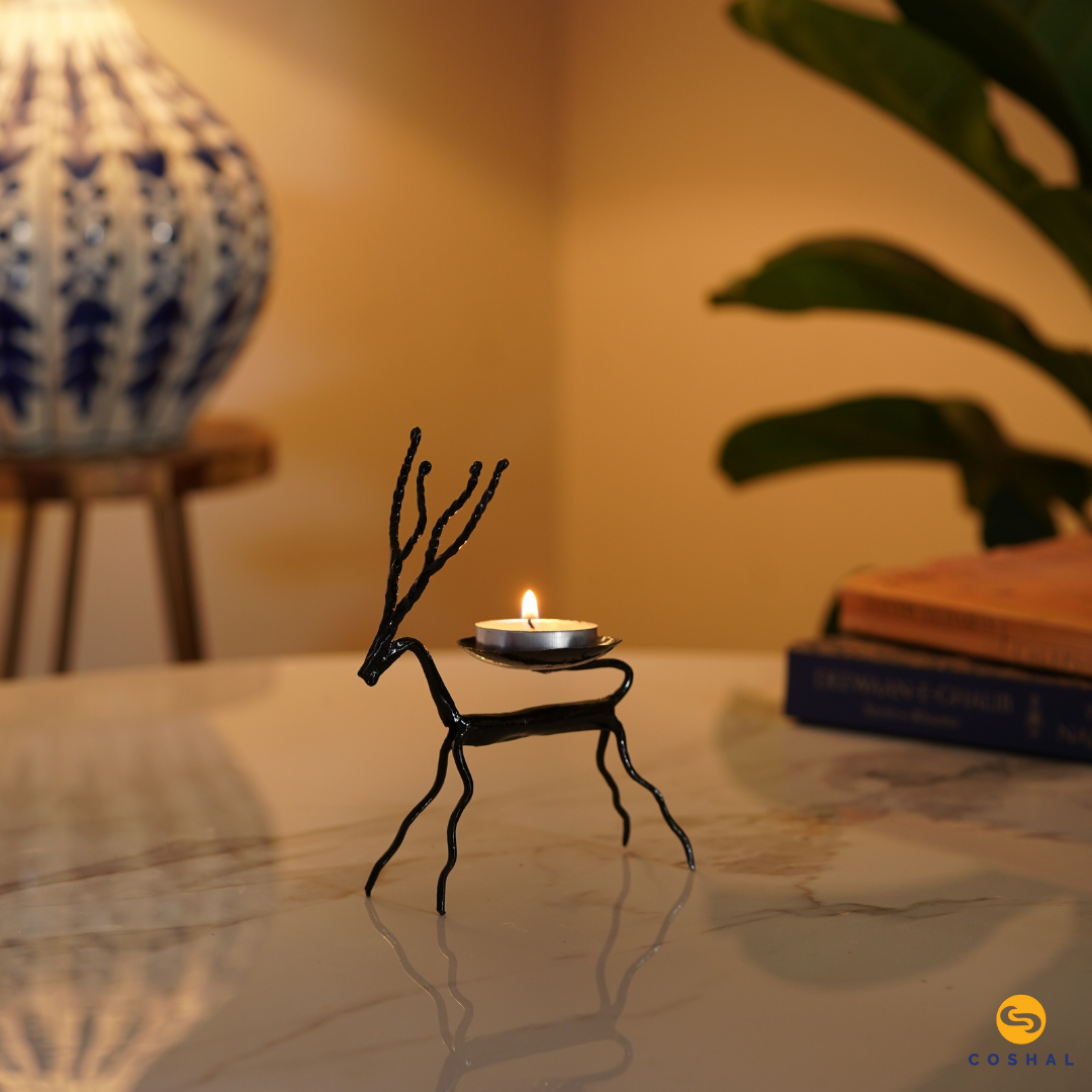 Tribal Tealight Candle Holder | Wrought Iron | Standing Deer Tealight Candle Holder for Diwali Decor | Coshal | CI14 2