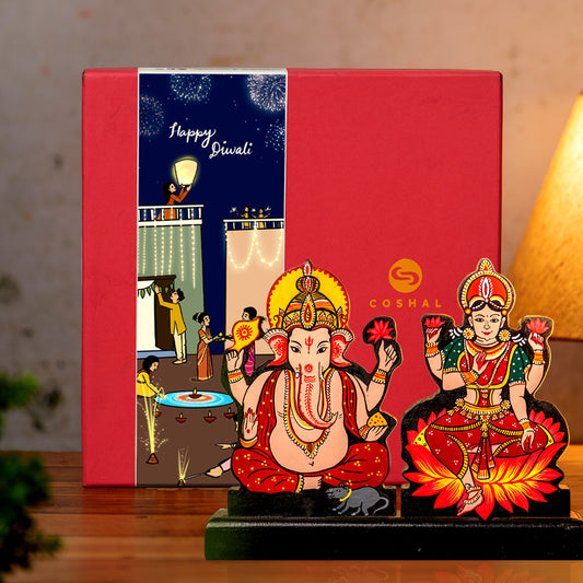 COSHAL Laxmi Ganesh Set Idol Showpiece, Wooden Hand Painted Plated Lakshmi Ganesha Idols for Diwali Gifts Puja, Set 1