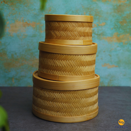 Coshal Art | Bamboo Natural Hand Made | Triangular Box Set | Beige | Pack of 3 Boxes | C02HD04010