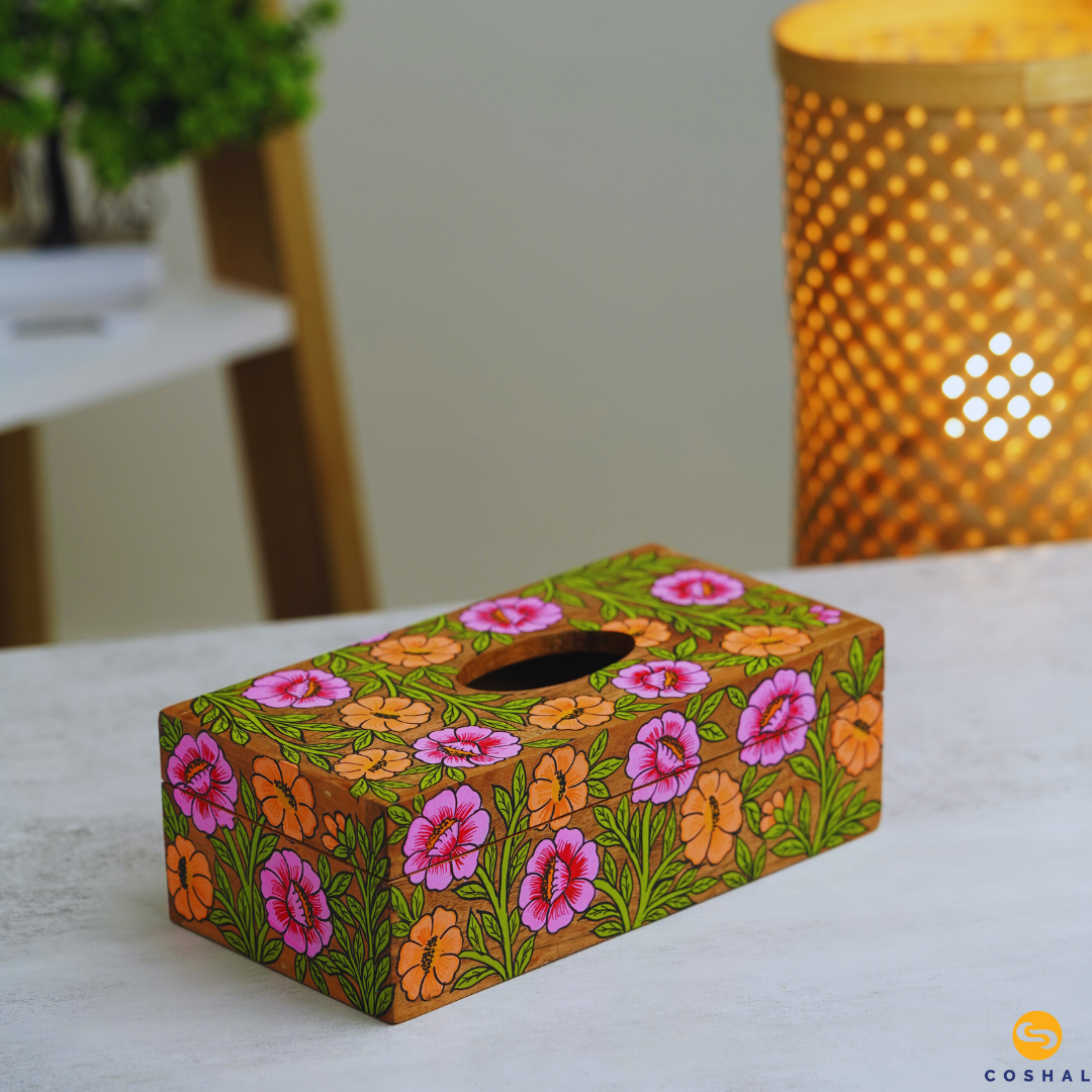 Tissue box 9inches with flower design | Pattachitra | Best for table decor | Coshal | OD22