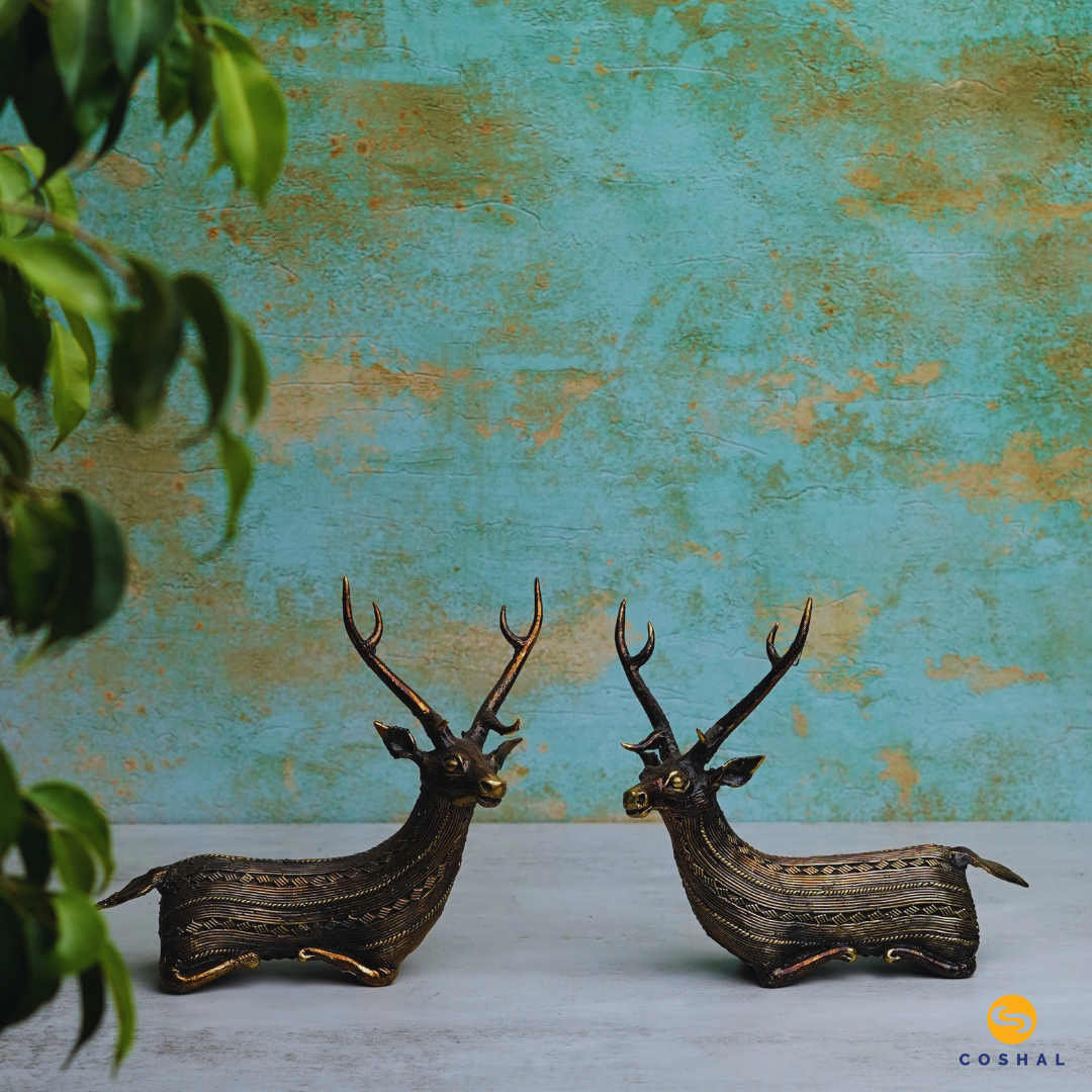 Brass Deer Statue Sitting Pair | Bastar Dhokra Art | Best for Room Decor | Coshal | CD67 1