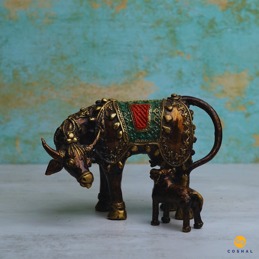 Brass Kamdhenu Cow and Calf Statue | Bastar Dhokra Art | Room Decor | Coshal | CD66 1