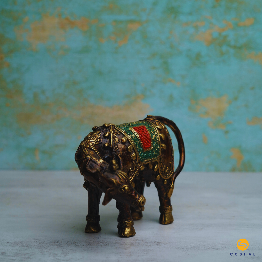 Brass Kamdhenu Cow and Calf Statue | Bastar Dhokra Art | Room Decor | Coshal | CD66 2