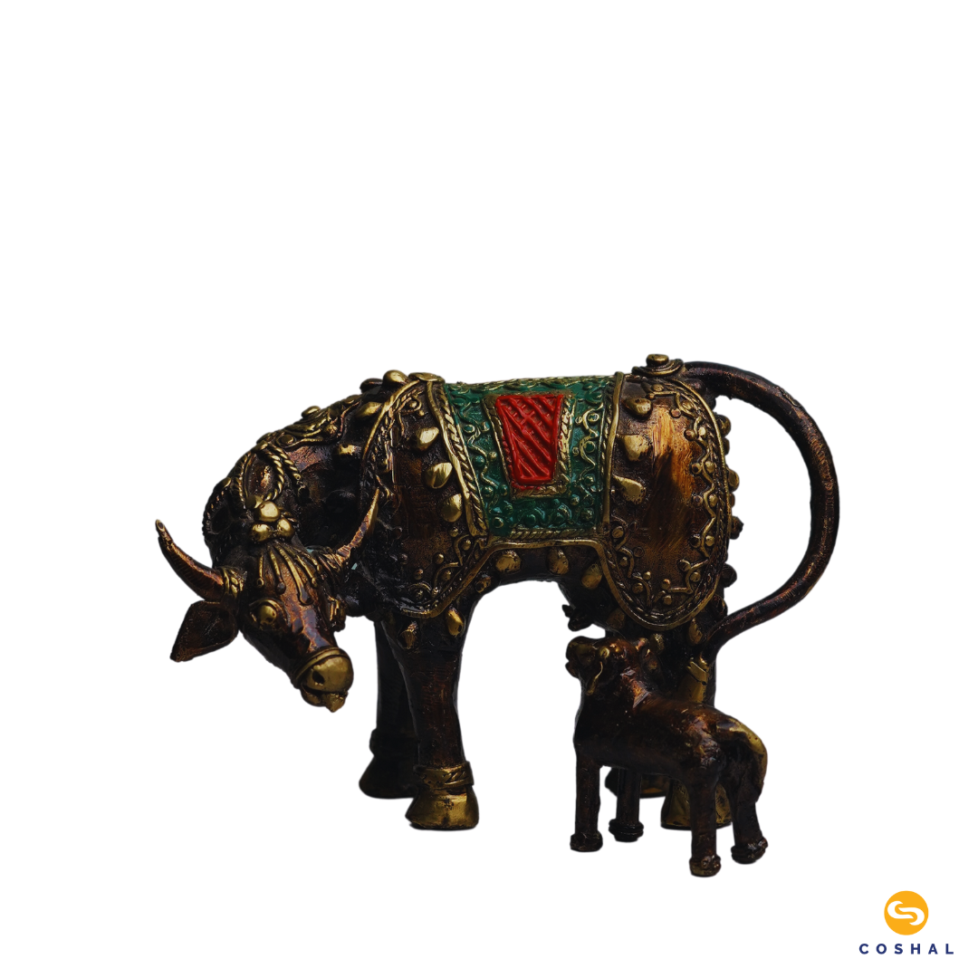 Brass Kamdhenu Cow and Calf Statue | Bastar Dhokra Art | Room Decor | Coshal | CD66 4