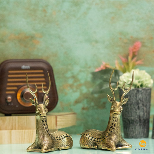 Dhokra Brass Resting, Sitting Deer Pair for Home & Office Decor | Best kept as vastu showpeice | Coshal | CD03 1