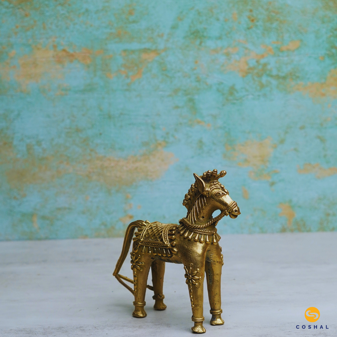 Handmade Golden Brass Standing Horse Statue | Bell Metal art statue | Room Decor | Coshal |CD70 2