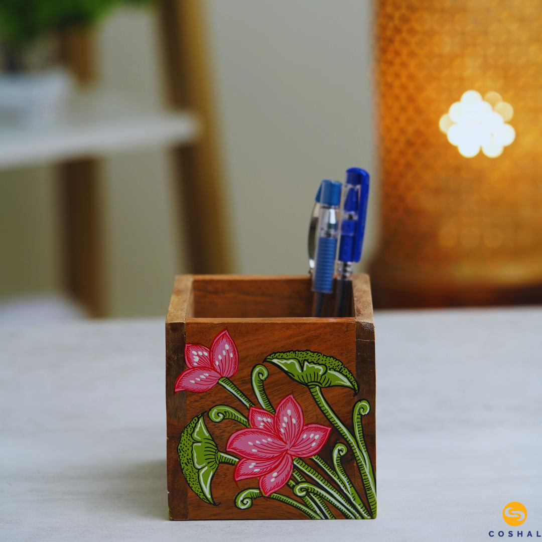 Handpainted Flower Penstand | Pattachitra Pink-Green | Best for table decor | Coshal | OD17 1