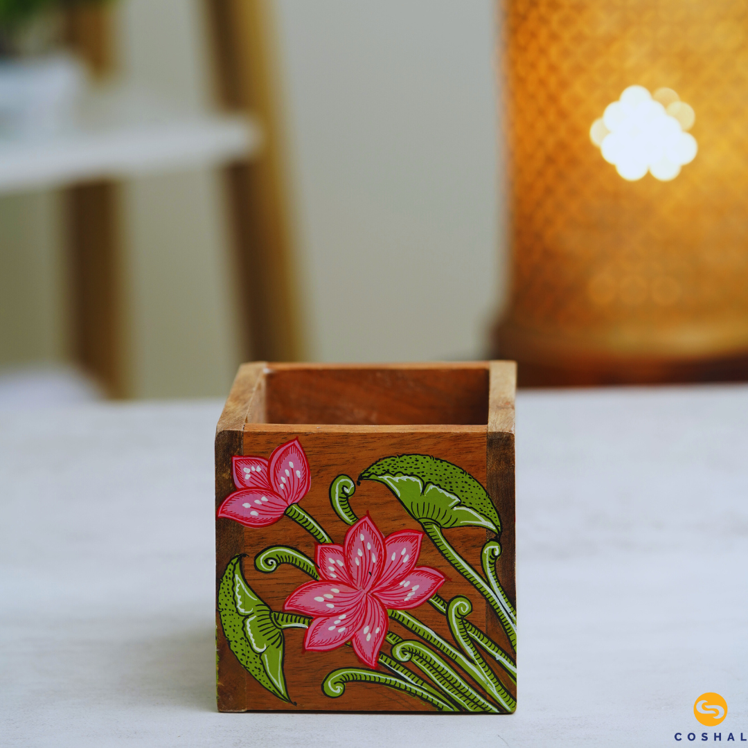 Handpainted Flower Penstand | Pattachitra Pink-Green | Best for table decor | Coshal | OD17 5