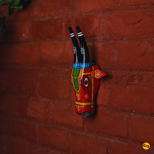 Handpainted Pattachitra Wooden Cowhead Red 11 inches | Best for wall decor | Coshal | OD01 1