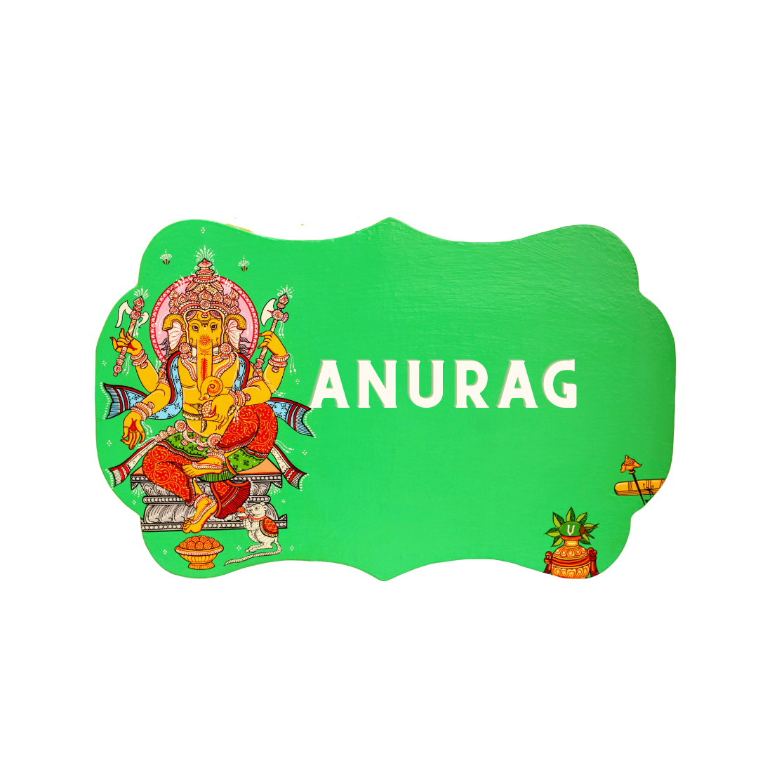 Pattachitra Lord Ganesha With Mushak Vahan House and Office Door Personalized Wooden Name plates | NM30 2