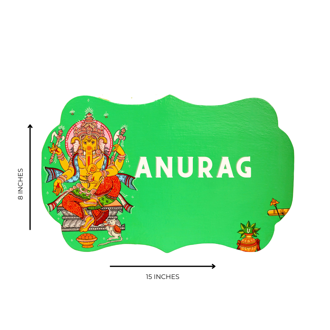 Pattachitra Lord Ganesha With Mushak Vahan House and Office Door Personalized Wooden Name plates | NM30 3