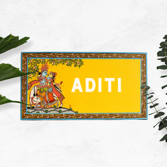 Pattachitra RadhaKrishna Personalized House and Office Door Wooden Name plates | NM35 1
