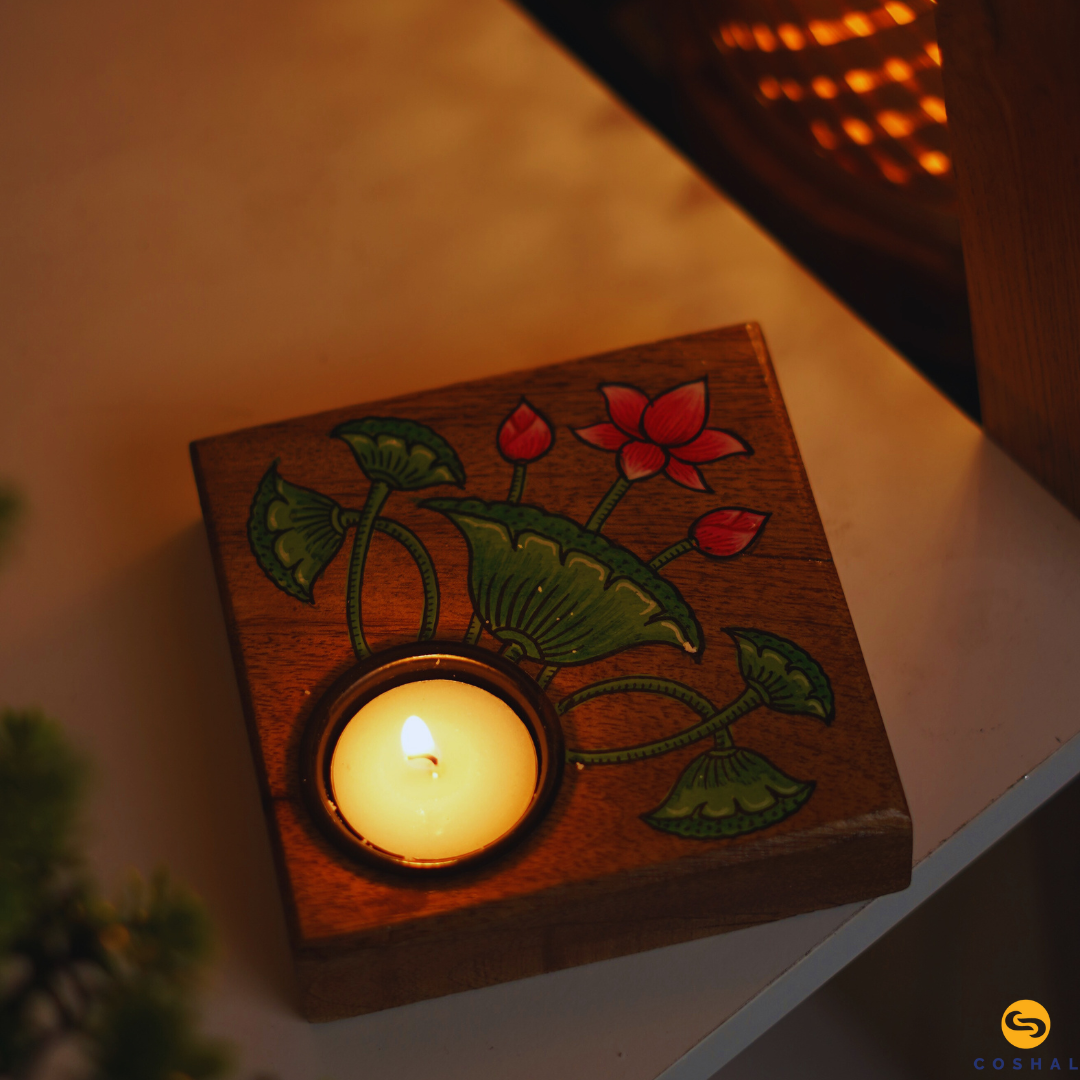 Pattachitra Wooden Handpainted Tea-light Holder | Best for table decor | Coshal | OD65 1