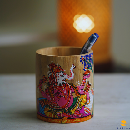 Round Lord Ganesha Penstand | Handpainted Traditional Pattachitra Art | Study Table Decor | Coshal | OD63 1