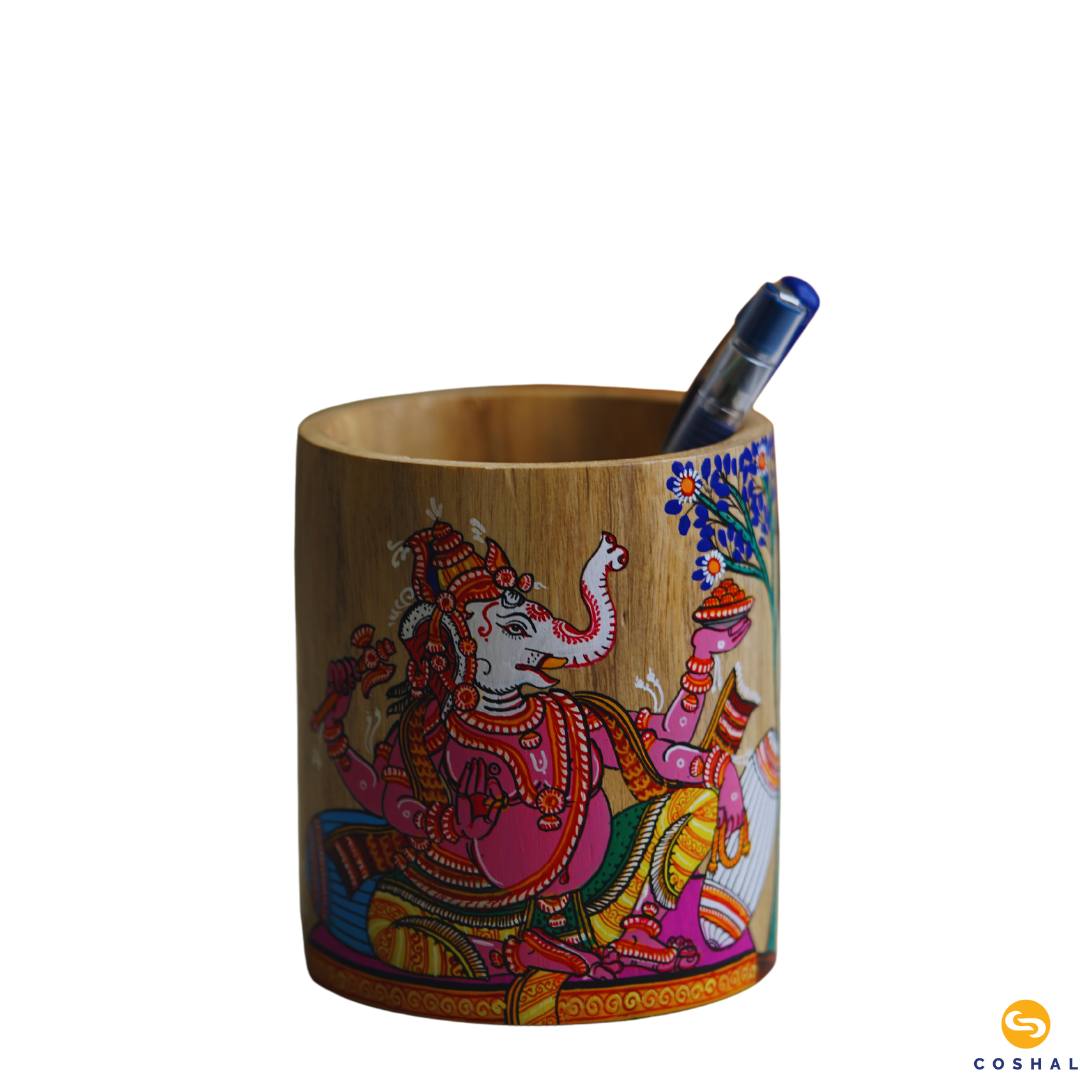Round Lord Ganesha Penstand | Handpainted Traditional Pattachitra Art | Study Table Decor | Coshal | OD63 4